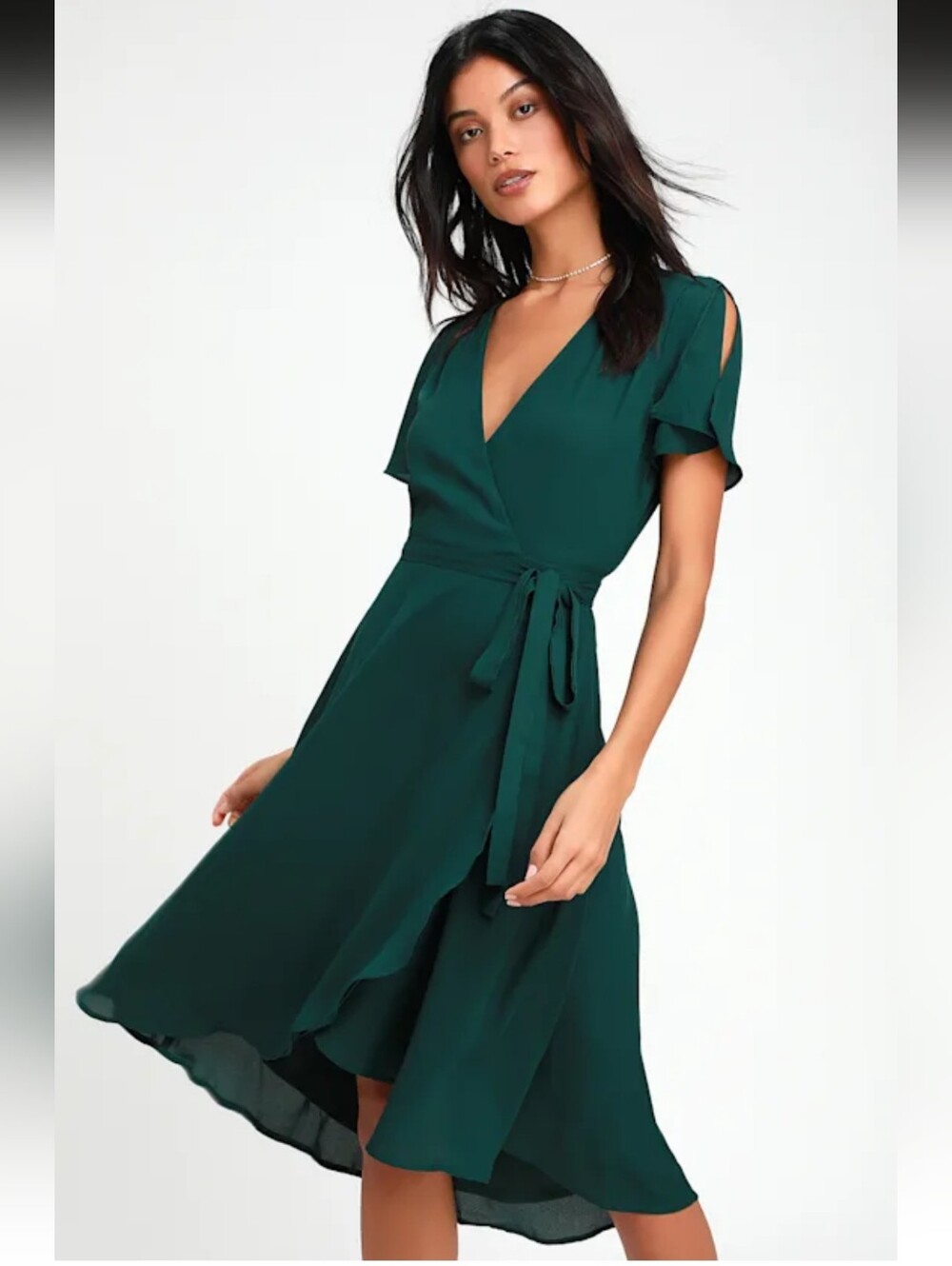 Lulu's Deep Teal Wrap Midi Dress with Tie Waist